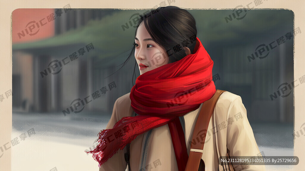 带红色围巾的女人背着米色帆布提