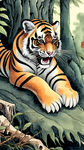 画一只卡通小老虎，在森林里，吃骨头