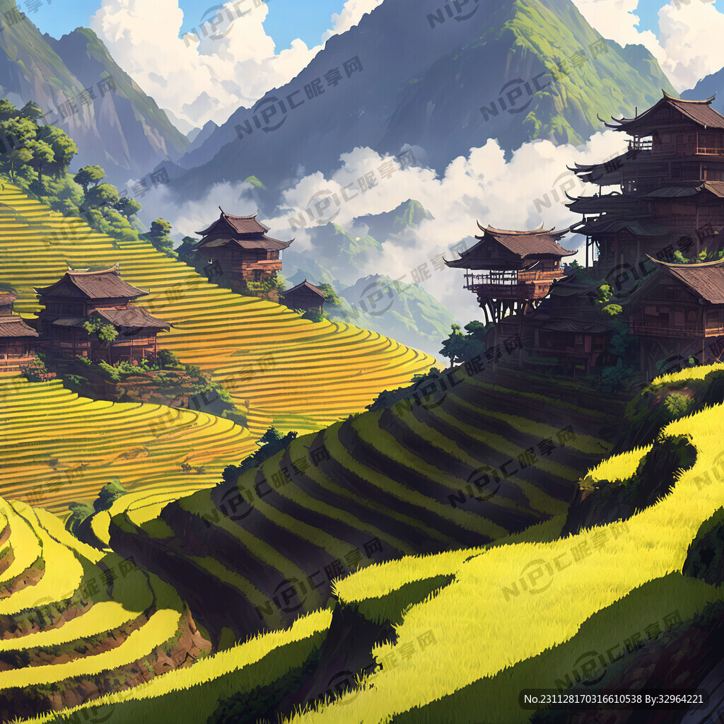 龙胜梯田 远景 动漫