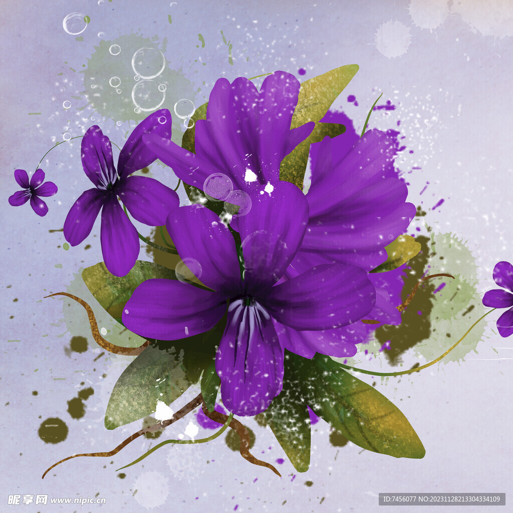 水彩唯美紫色花卉花枝挂画装饰画