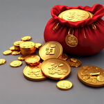 红色福袋，金元宝，金币，珠宝，3D渲染，福字