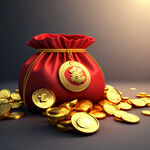 红色福袋，金元宝，金币，珠宝，3D渲染，