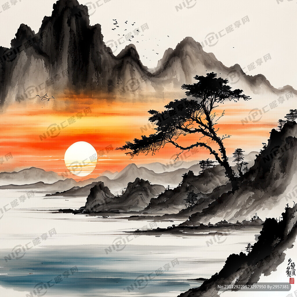 海上 日出中国风 中国画 山水