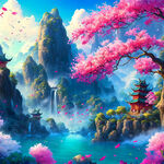 游戏梦幻唯美新中式风景，超高清，细节刻画，沐浴在花瓣里满天花瓣，飘渺电影般环境，明亮清晰