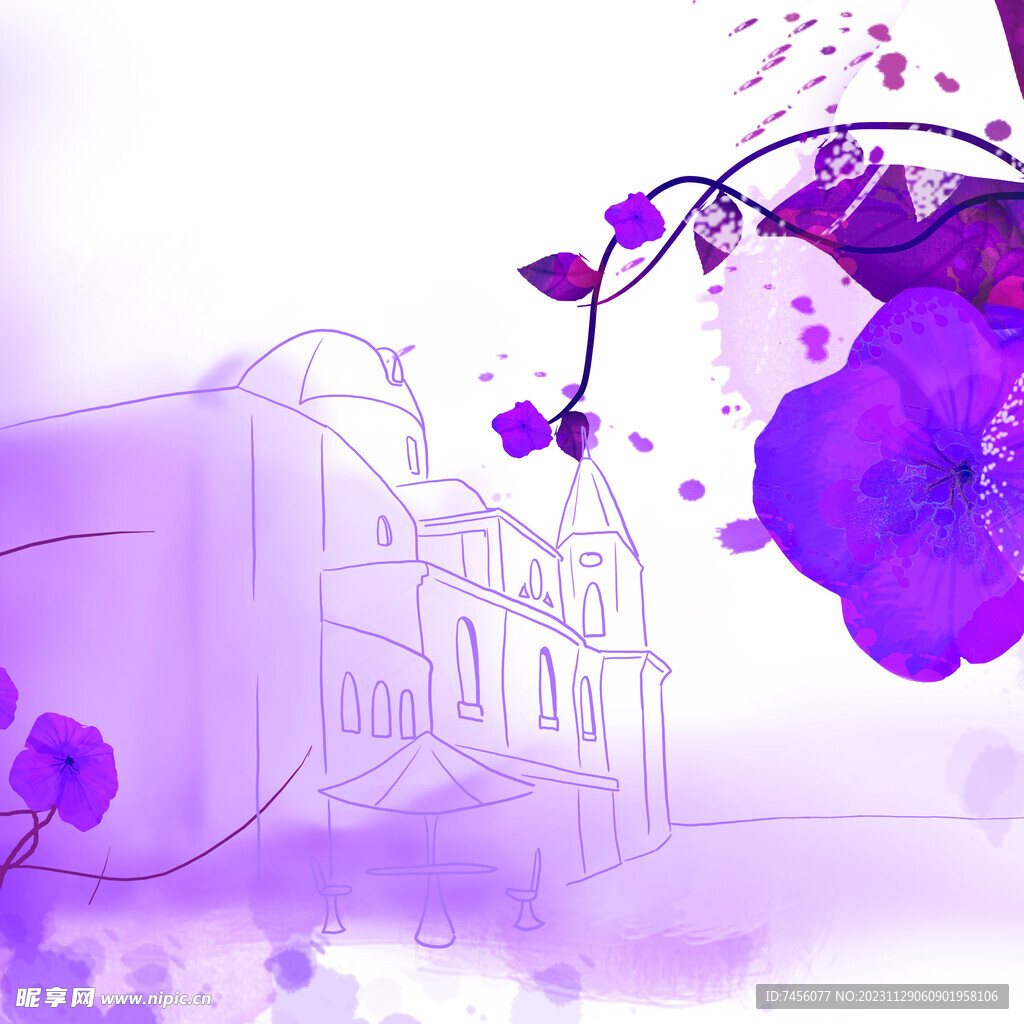紫色花卉水彩建筑简约挂画装饰画