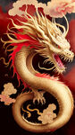 中国金龙，祥云，红色背景，清晰的的细节，精细的龙鳞，添加灯光和纹理，中国风，动画截图