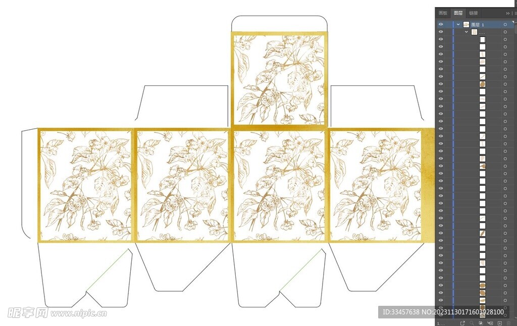 金色线条花叶插画矢量盒子包装
