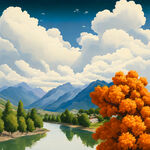 整体画面背景是白色，最前面是云朵，云朵后面是河，河边是橘子树，在后面是山，山后面山的轮廓