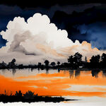 整体画面背景是白色，最前面是云朵，云朵后面是河，河边是橘子树，在后面是山，山后面山的轮廓