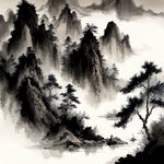 中国画，山水，水墨风格，写意，意境，高雅，高清，仙风道骨。