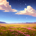 平原草地，花草植物，自然风光，阳光明亮，星星