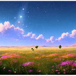 平原草地，花草植物，自然风光，太阳，星星