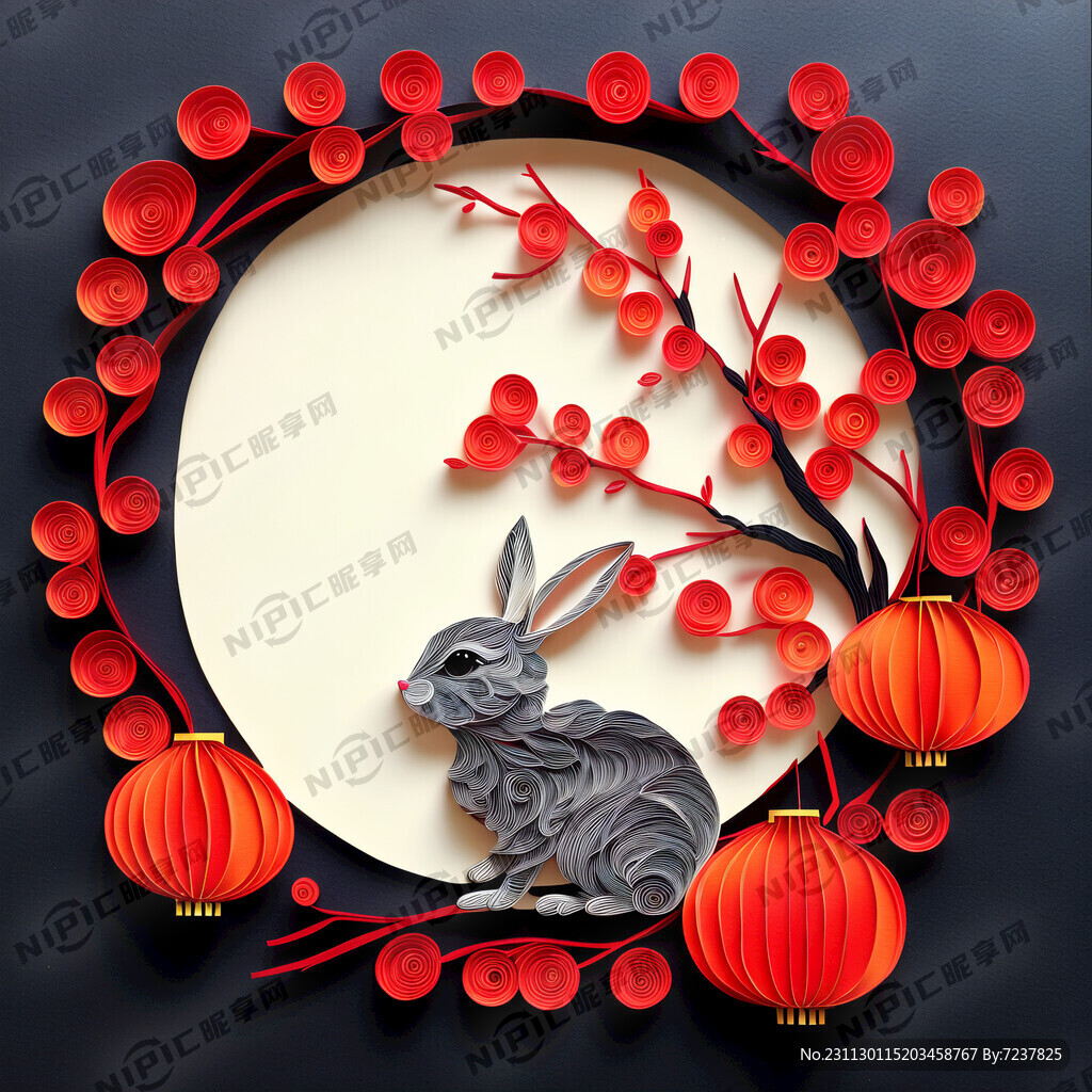 衍纸艺术 春节 可爱兔子 红梅