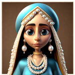 3D卡通人物形象，阿拉伯风格，突出珍珠或珍珠贝做为主元素，三视图