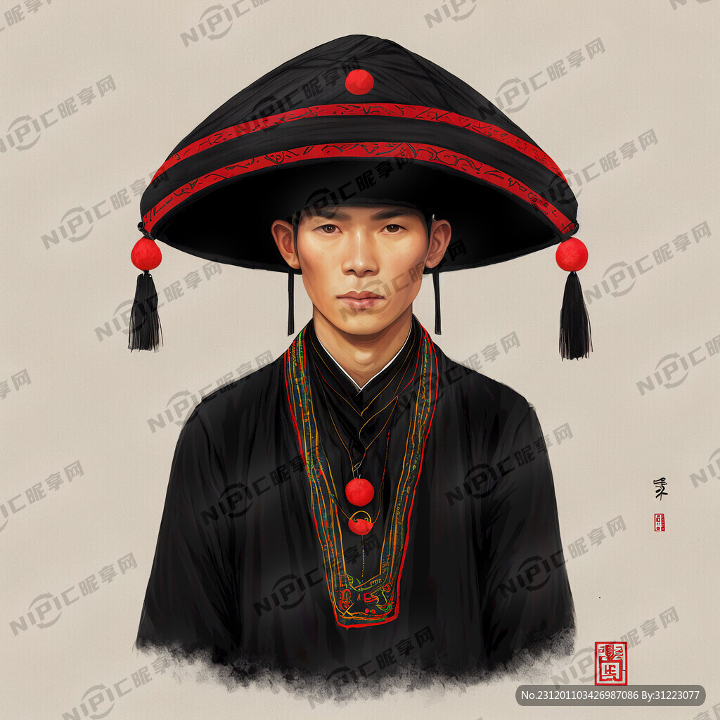 头戴黑布缠绕的帽子 全身