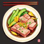 一盘 黄焖 肉  青椒  筷子 飞溅 红色黄色 卡通画