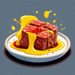 一盘肉块 侧面 黄焖 红色黄色 酱汁飞溅 卡通画