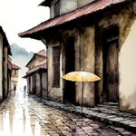 在静谧的古镇里，下着淅淅沥沥的小雨的石板路上，放着一把素净的油纸伞
