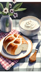奶油涂抹面包  格子桌布 餐盘 鲜花
 冬天 温暖 早餐  水彩插画 朦胧 模糊