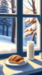 冬日 窗外 雪景 阳光 早餐 餐桌 奶油 涂抹 面包
奶油特写 浅景深 格子桌布
