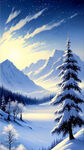 梦幻唯美，风景，寒冬，细节刻画，大雪，远处山，广阔天空