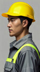 车间工人 黄色安全帽，灰色工作服 亚洲人 斜侧脸