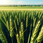 晴朗的天空下一片绿油油小麦田，麦子上挂着晶莹的水滴