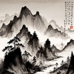 山谷，中国风，中国画，山水，水墨风格，写意，意境，高雅，高清，仙风道骨。