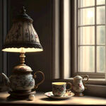 黑暗的窗内小台灯。古典窗。窗前台桌上放着茶具。