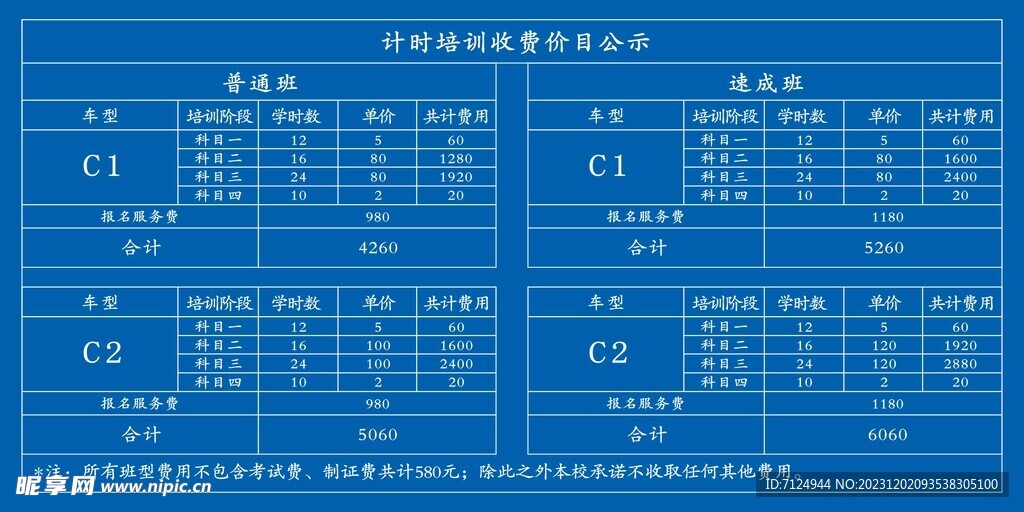 驾驶培训价目表