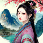 古风少女，面容清纯，毛发精致，3D 立体，山水背景，超细节，超高清，水彩画，大眼睛，下雨