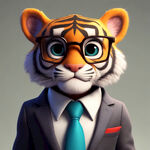 小老虎，上班族，皮克斯动画风格，带着眼镜，穿着西服领 带，3D模型，彩色辛烷值渲染，完美光影，电影质感，高清