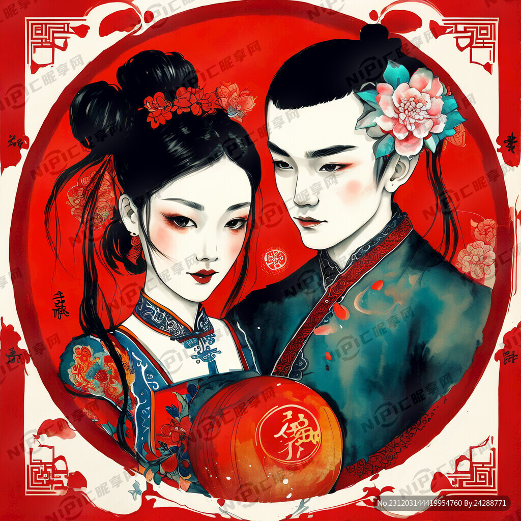 过年 男娃女娃 红色 中国风