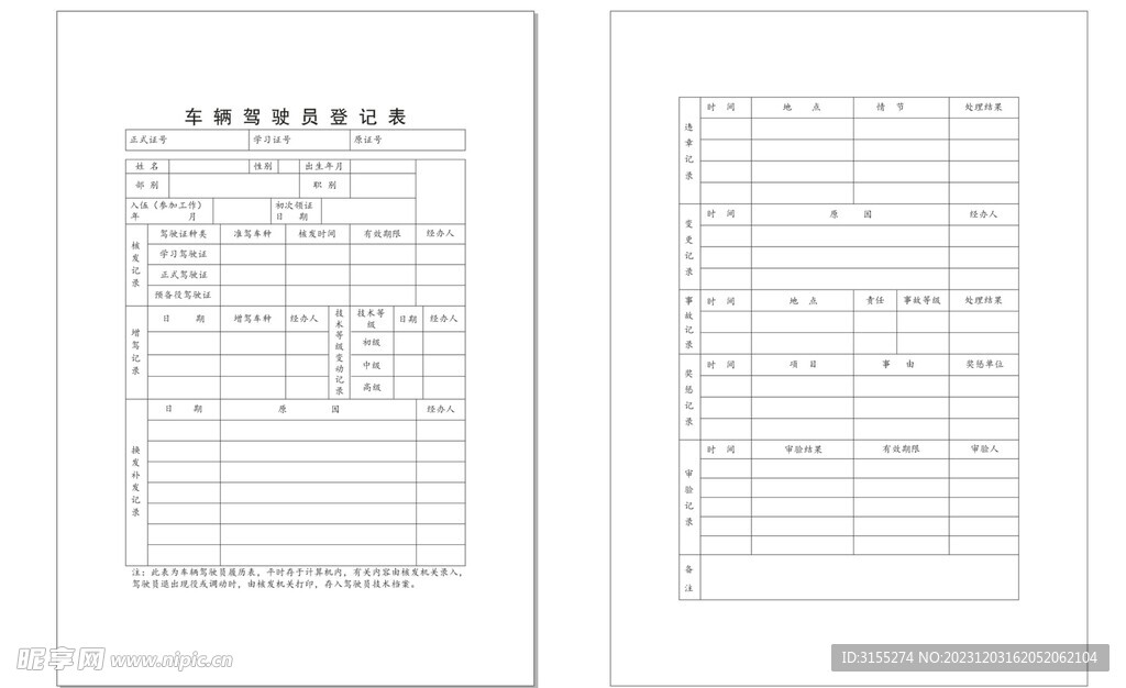 车辆驾驶员登记表