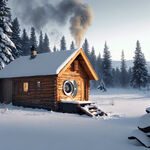厚厚的雪地上，一个洗衣机矗立在雪地里，远处几座木头房子，冒着炊烟，，四周有着被雪压下的松树。3D高清，广阔场景