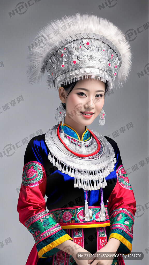 苗族美女全身照 苗族服饰四件套