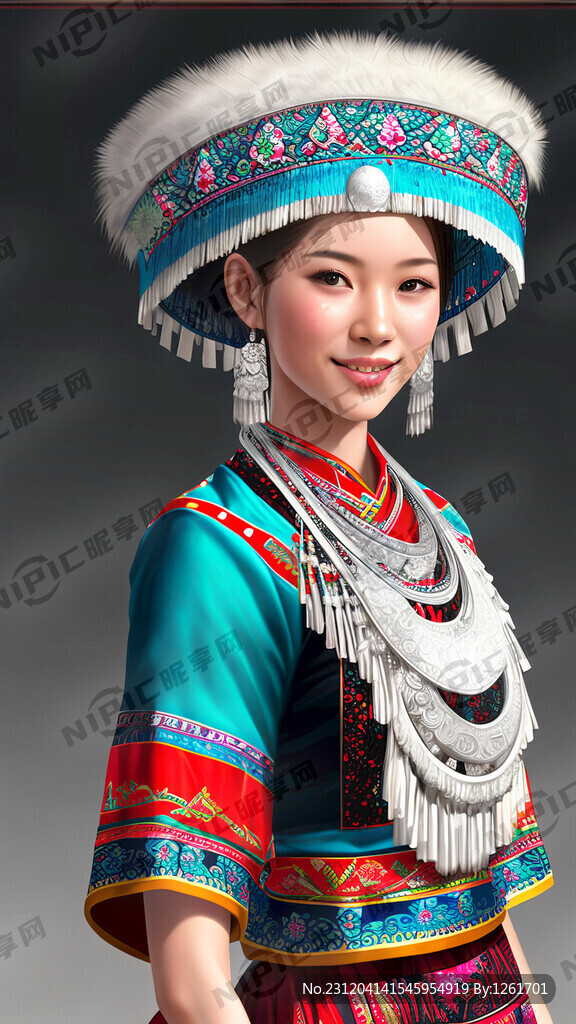 苗族少女整身照 苗族服饰四件套