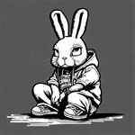卡通兔子 嘻哈风格 坐着 线条描绘 涂鸦 电影镜头 画面简洁 玩偶 黑白线条