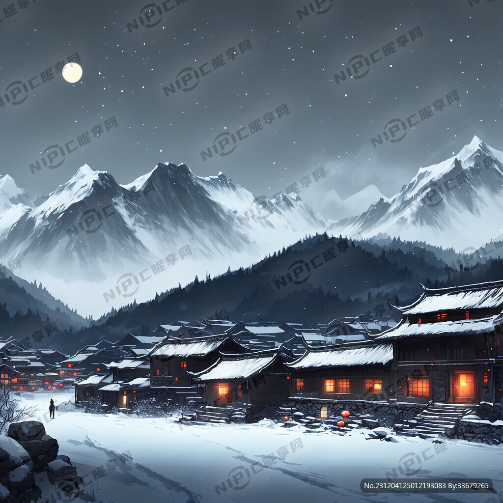 黑夜 远处有雪山 有村落