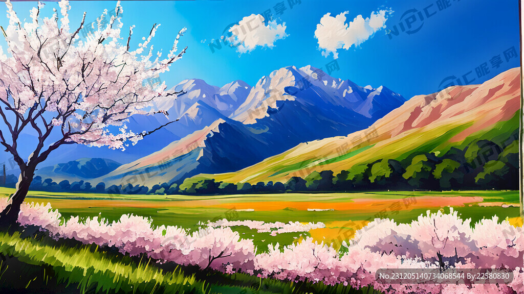 彩绘 成片杏花 草地 蓝天
