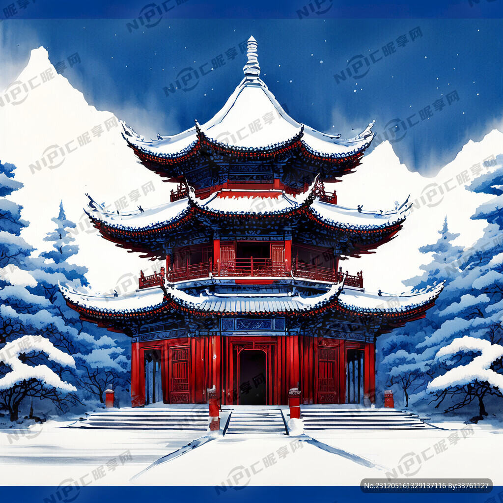 冬天 白色和蓝色 寺庙