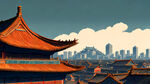 老北京的胡同屋顶，远处是故宫，远景