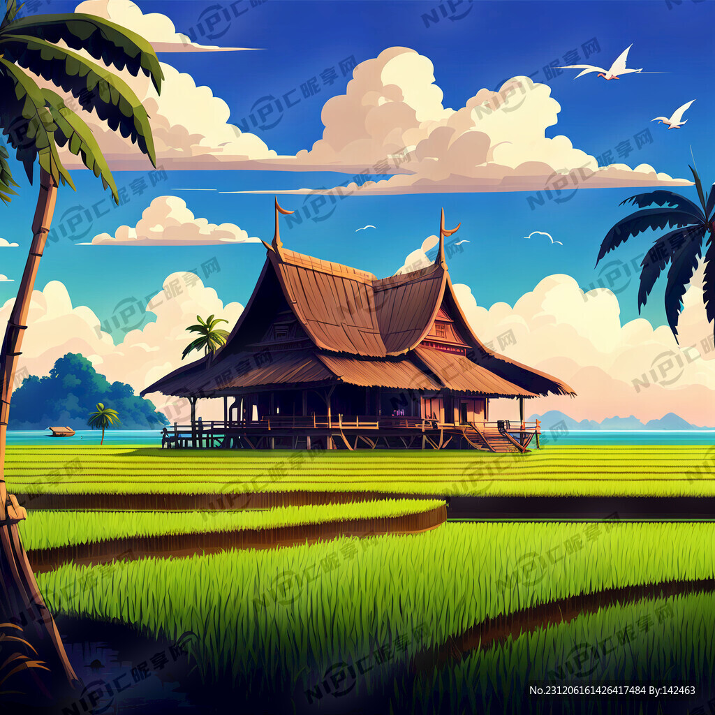 泰国稻田 海岛 插画 卡通