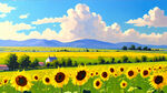 牧场 草地 阳光 蓝天 白云 前景向日葵 油画风格 沐浴在阳光下的绿色草地 远处有山 向日葵特写 清晰 笔触 自然 手绘风格