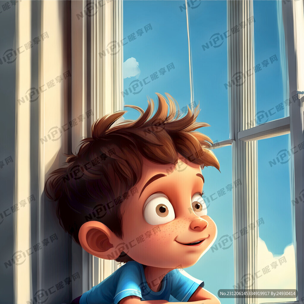卡通小男孩趴在窗户上看外面