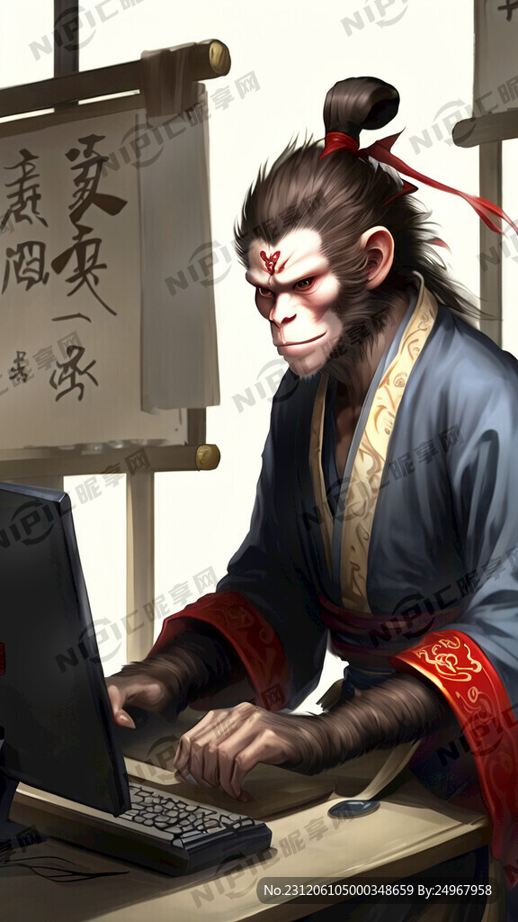 孙悟空在电脑前工作