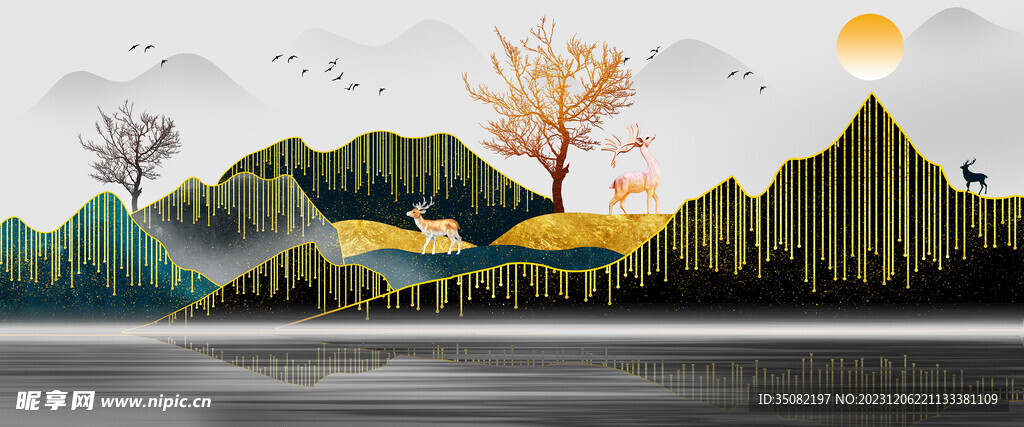 麋鹿山水装饰画