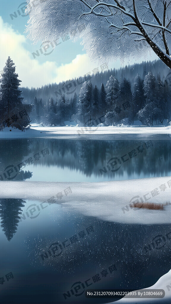 大雪纷飞 树 湖面