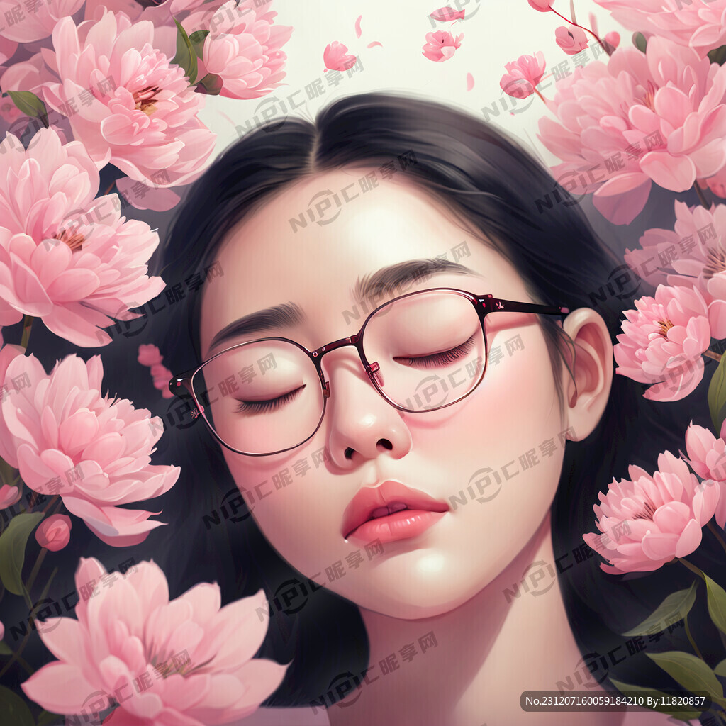 年轻女性被粉色花朵包围的插画