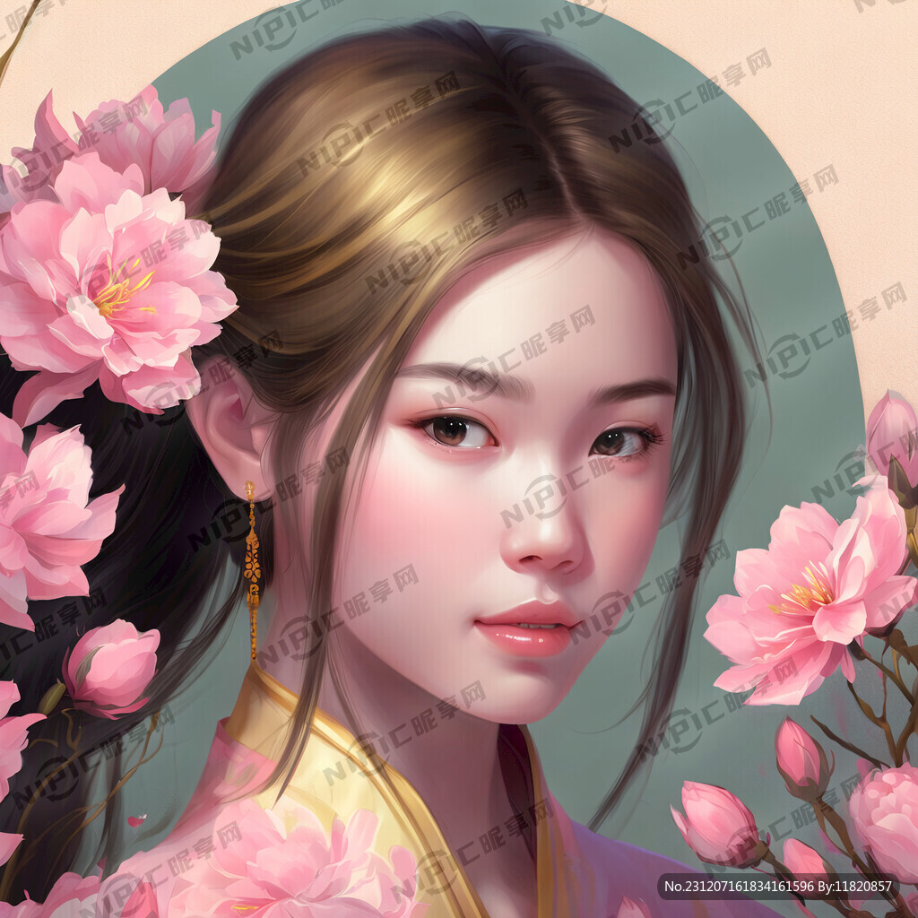 一副年轻女性被粉色花朵包围的插